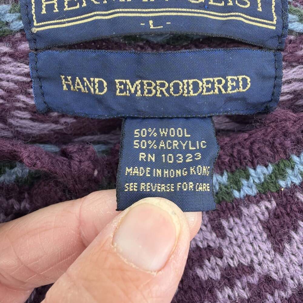 Herman Geist Purple Hand Embroidered Floral Cardigan Sweater Womens L Wool Blend - Picture 9 of 13